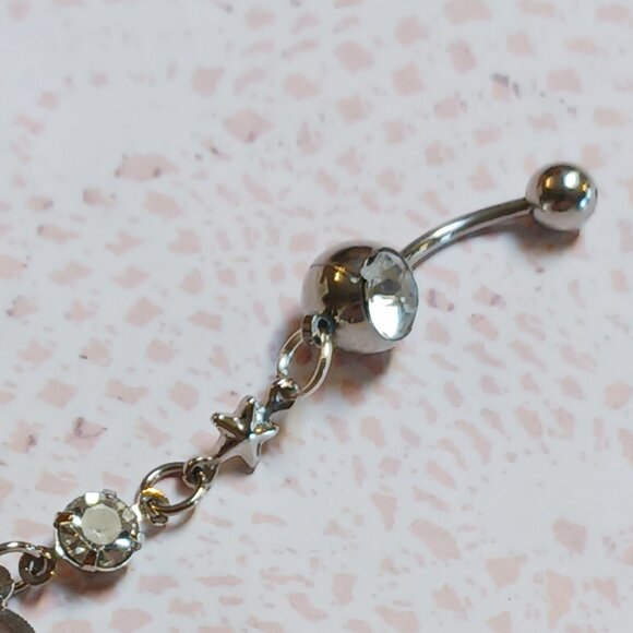 Filigree Style  Camellia Silhouette Flower Clear Gem Belly Dangle Belly Ring - Picture 3 of 3